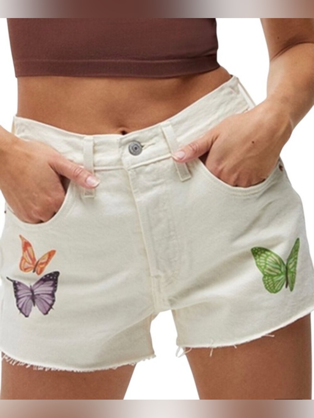 Levi’s 501 Button Fly Give Me Butterflies Cream High-Rise Denim Shorts Size 33